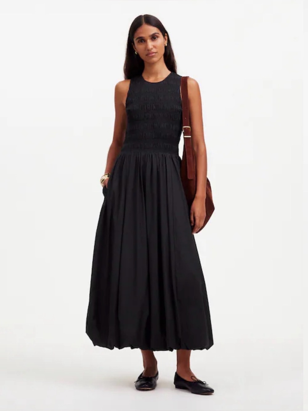 Madewell The Melody Bubble-Hem Smocked Midi Dress in Poplin True Black XS NWT